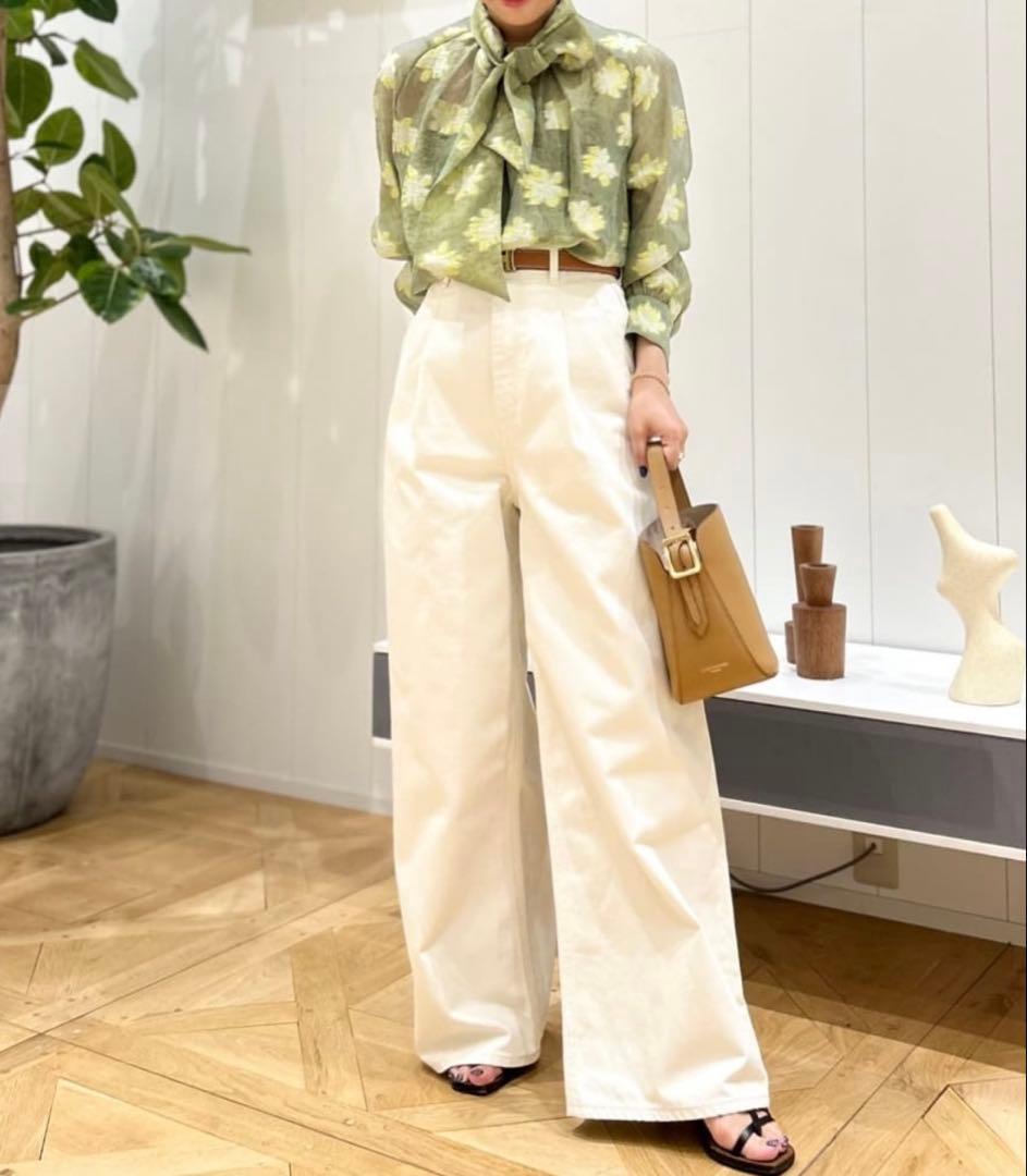 コットンデニム タックワイドパンツ