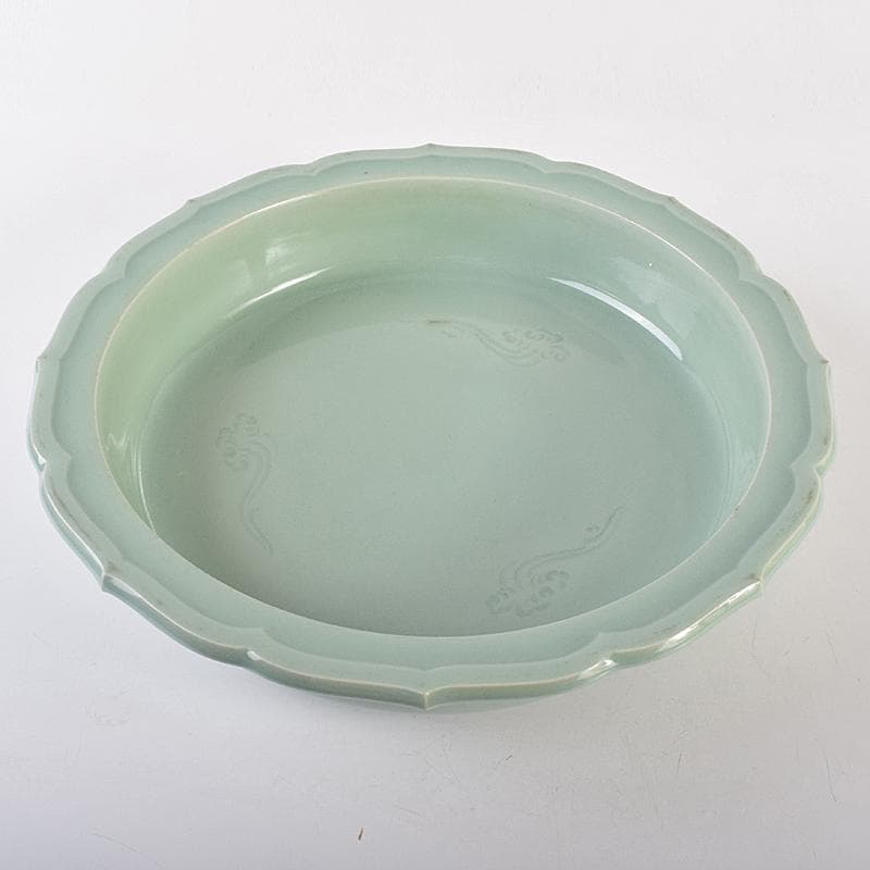 茶道具 京焼 初代宮永東山作 青磁八稜式瑞雲文 水盤 共箱