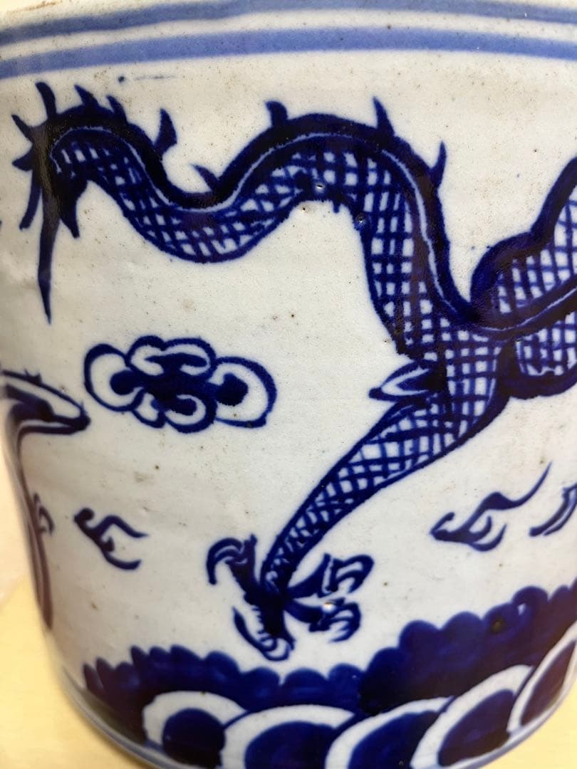 中国清代染付鉢　特大　香炉　筆立　昇龍　縁起物　運気上昇