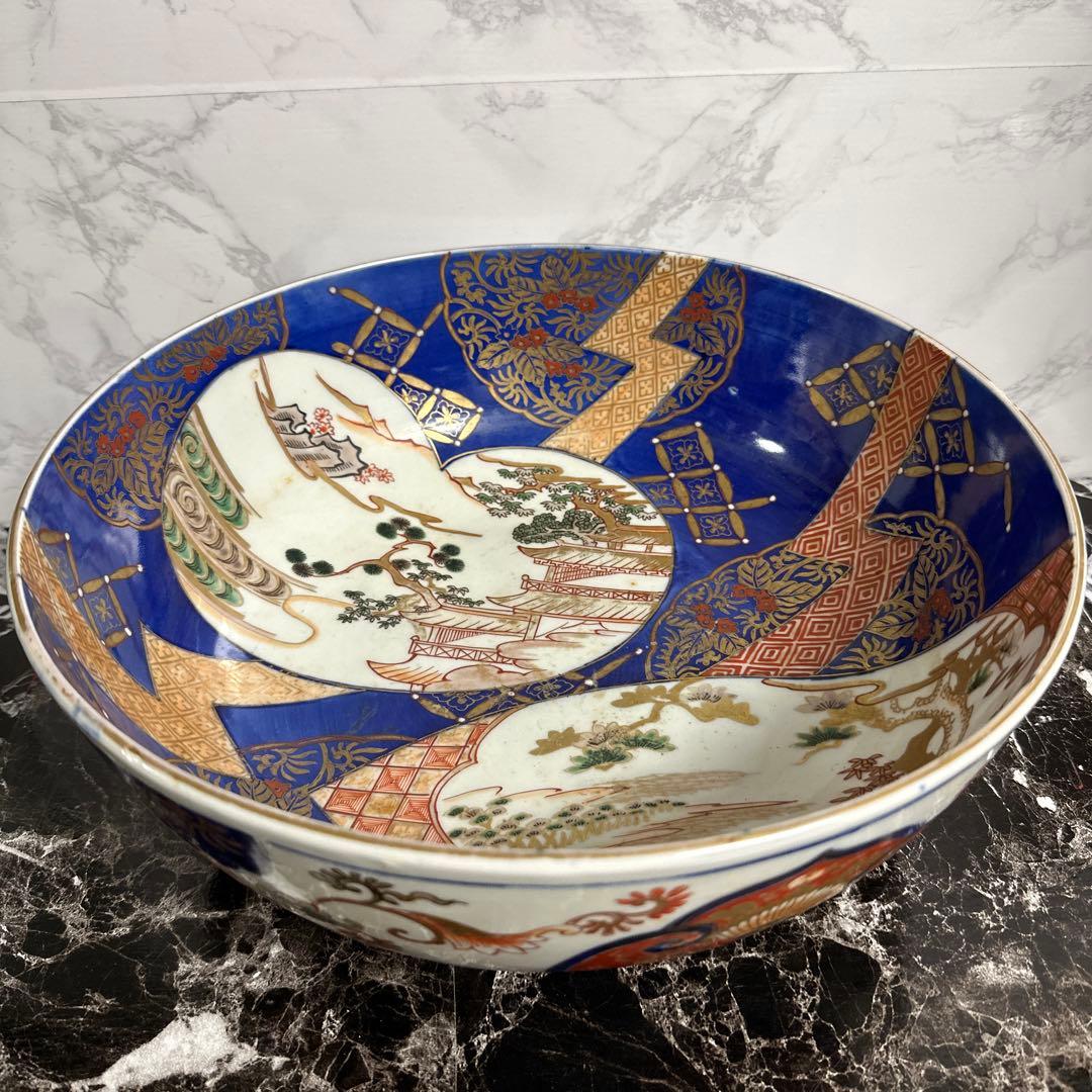 江戸、古伊万里、瑠璃、金彩窓絵、特大、楼閣山水図。無傷！ 古伊万里