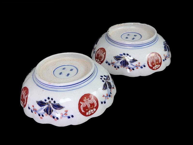 古伊万里 金襴手 菊花四方襷紋に吉祥紋の図 膾皿 2客 D960AS-fbtt