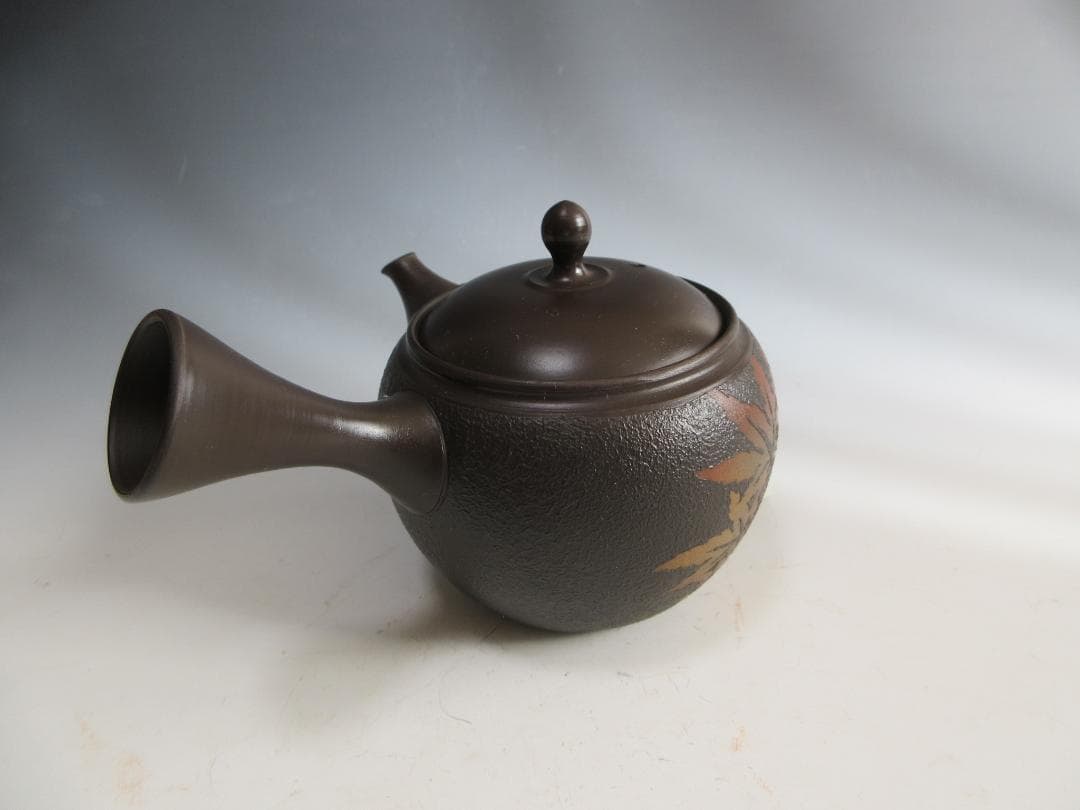 【未使用】常滑焼 秋峰造 紅葉紋様 黒泥 急須 共箱 茶注