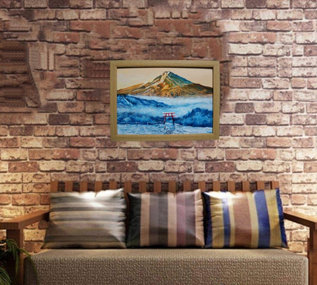 油絵 油彩 油彩画 絵 絵画 【鳥居の夕富士】