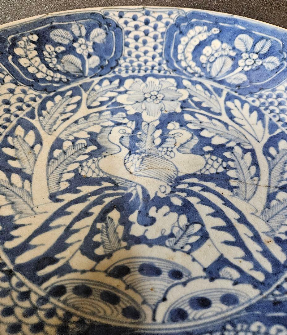 中国古陶磁 明代 17世紀前期 双鳳凰図 呉須鉢 古染付 大皿 大鉢33.3cm