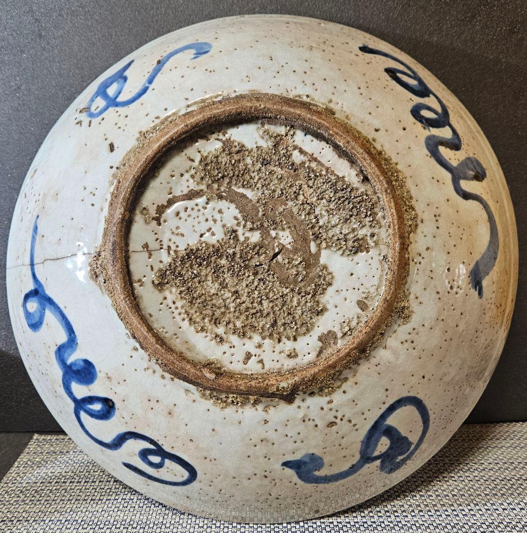 中国古陶磁 明代 17世紀前期 双鳳凰図 呉須鉢 古染付 大皿 大鉢33.3cm