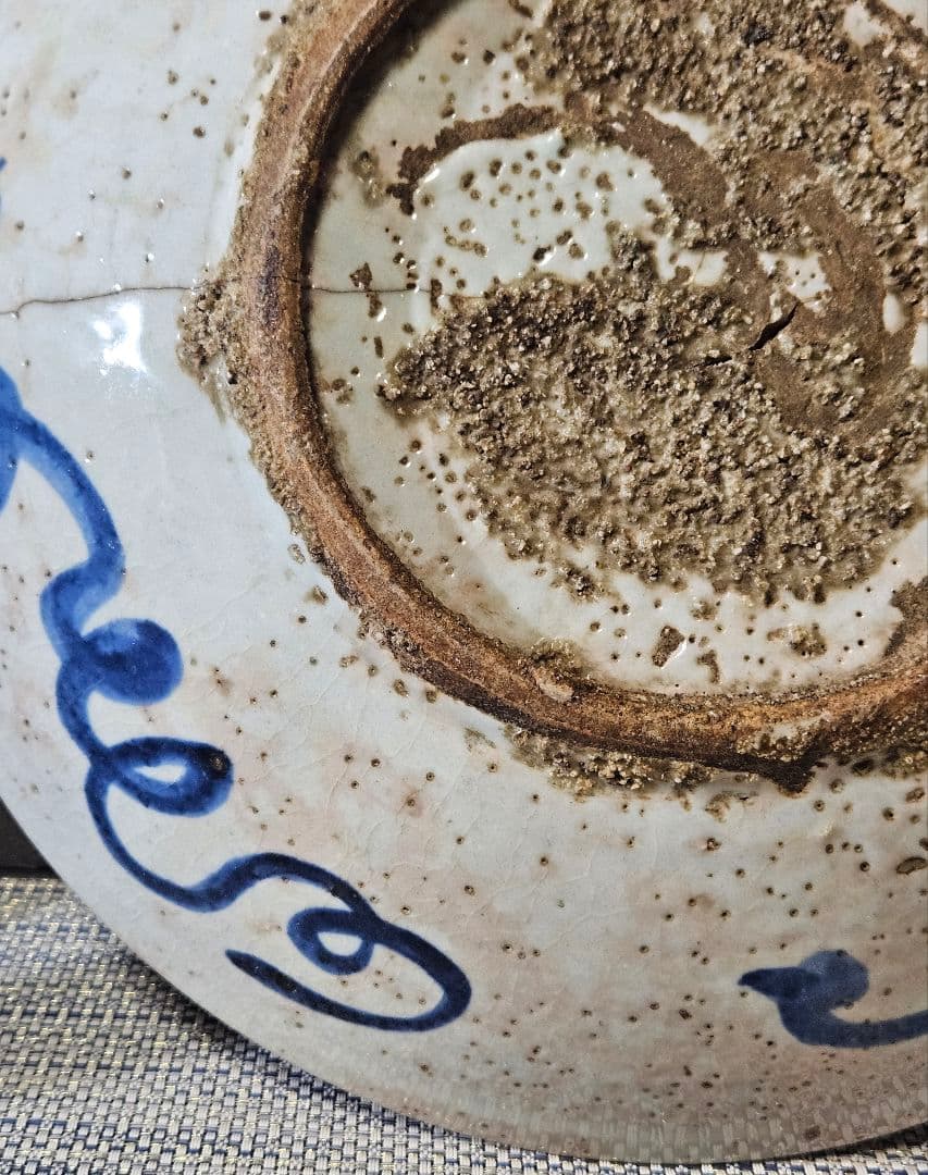 中国古陶磁 明代 17世紀前期 双鳳凰図 呉須鉢 古染付 大皿 大鉢33.3cm