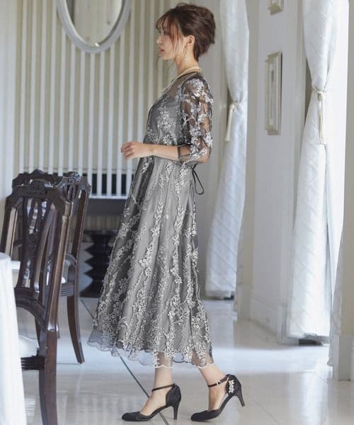 【niana】刺繡レース バックリボン パーティードレス 結婚式 オケージョン