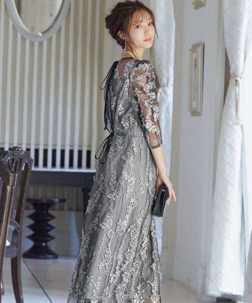 【niana】刺繡レース バックリボン パーティードレス 結婚式 オケージョン