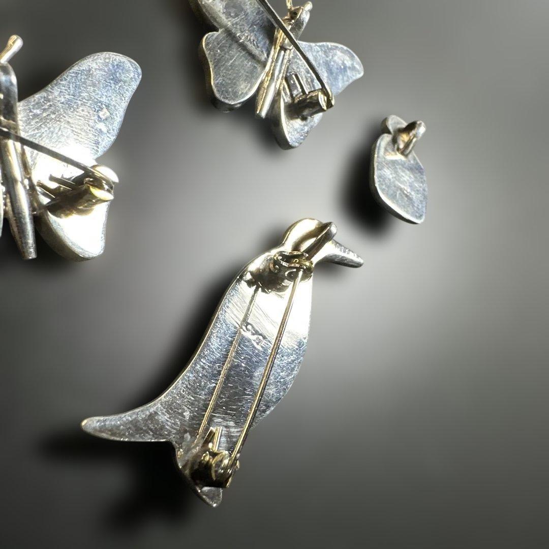 猫 ペンギン 蝶 シルバー970 ラピス マラカイト ブローチ他 2way