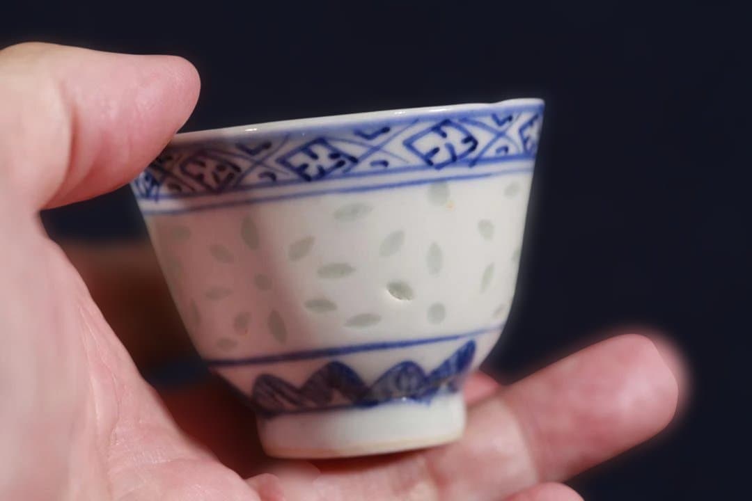 500　中国清朝染付ホタル手在銘珍品煎茶猪口　無傷　清朝期