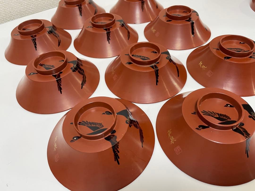漆器 懐石道具 芦泉謹製 木製溜塗 雑煮椀 吸物椀 10客揃 内朱 鶴 鳥柄
