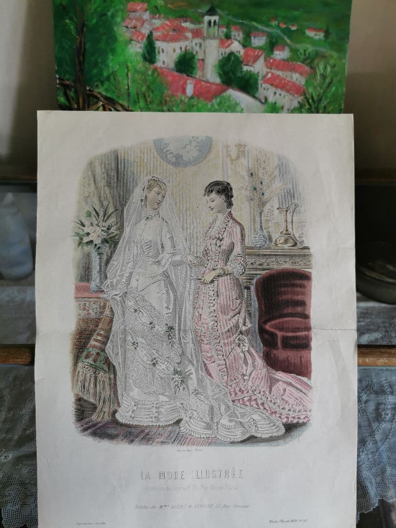 19世紀アンティーク銅版画 新婦と姉妹/友人 花実装飾ウェディングドレス 手彩色