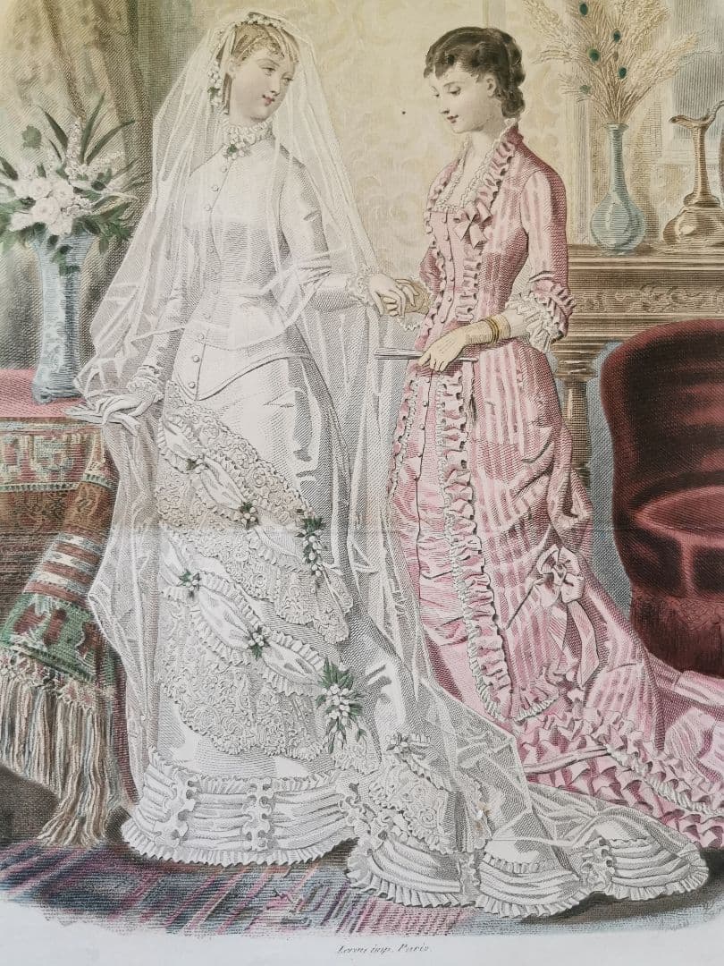 19世紀アンティーク銅版画 新婦と姉妹/友人 花実装飾ウェディングドレス 手彩色