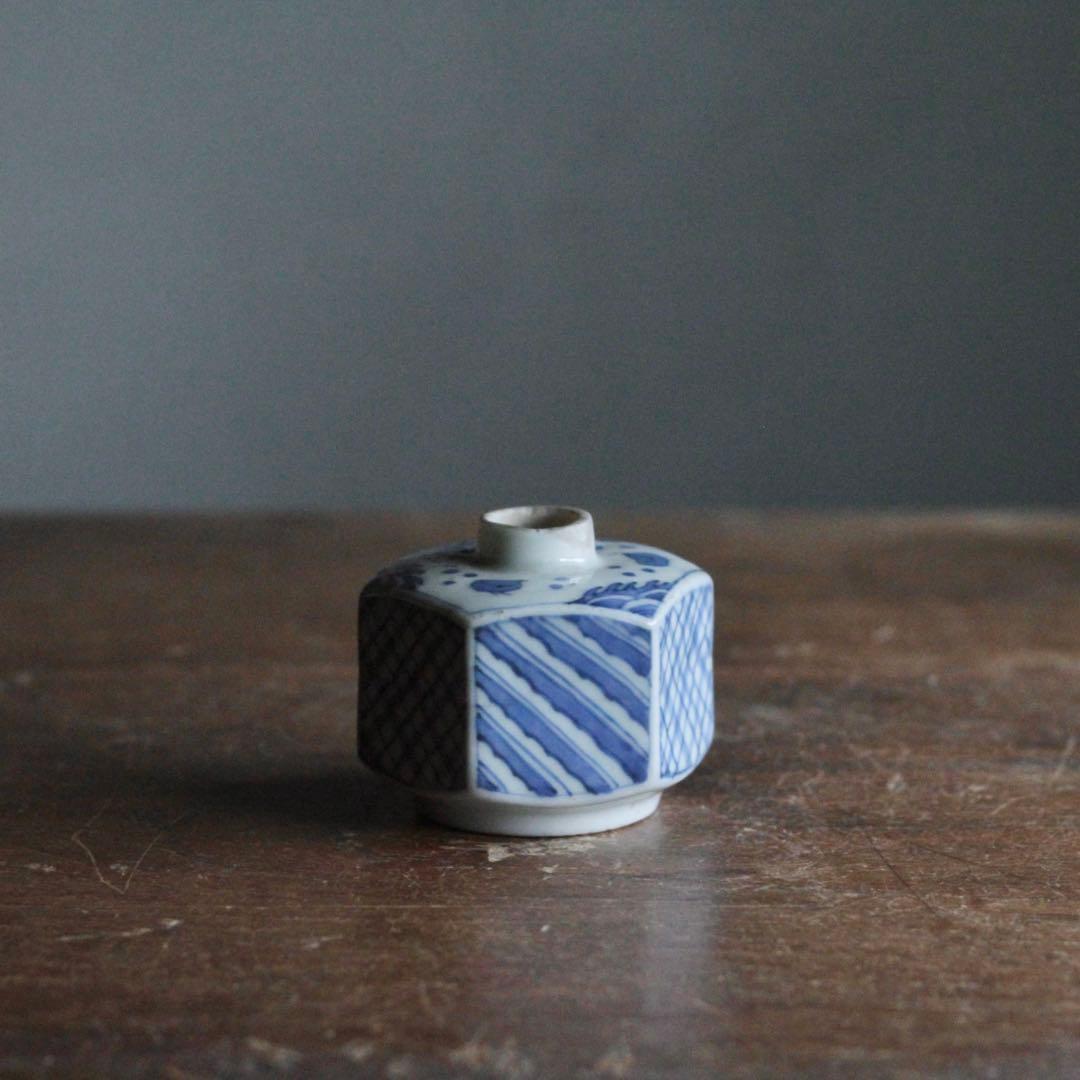 染付 面取 六角 小徳利 波千鳥 小紋柄 古美術 古道具 アンティーク