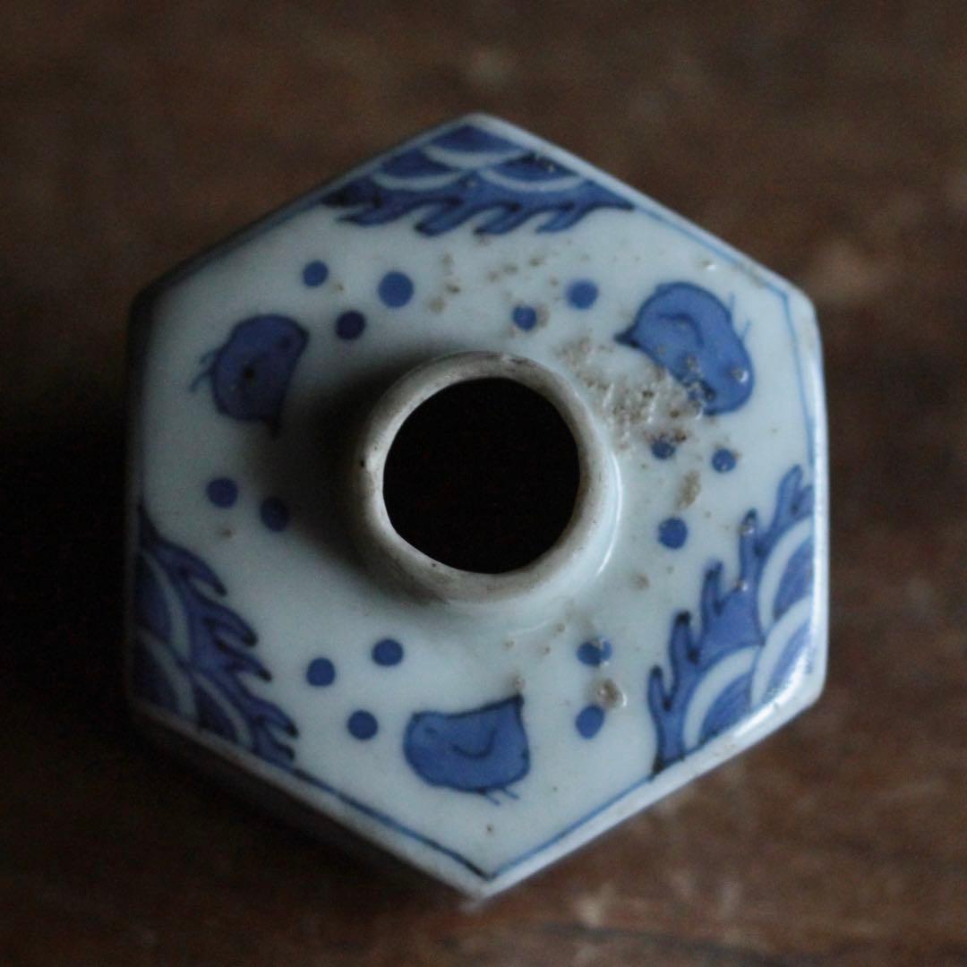 染付 面取 六角 小徳利 波千鳥 小紋柄 古美術 古道具 アンティーク