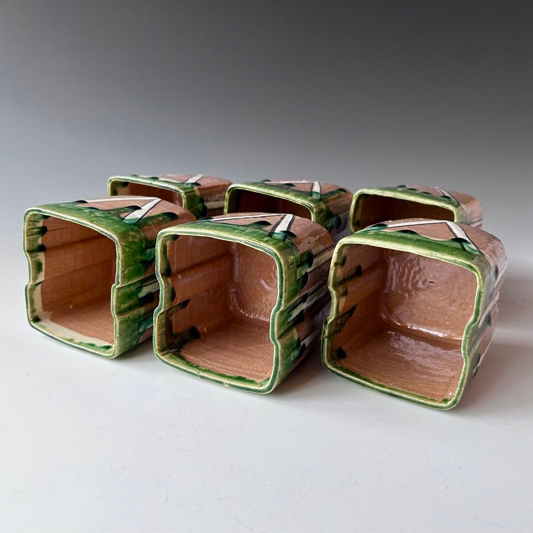 茶道具　鳴海織部　角形　深向付　六客組　加藤十右衛門　共箱　美濃　オリベ　懐石