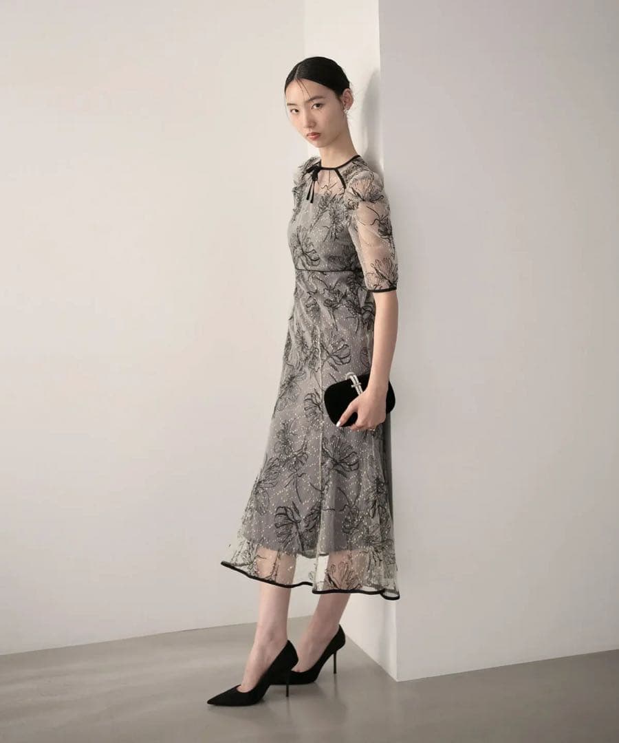 【美品】Leja花柄リボンパフスリーブマーメイドワンピースドレス