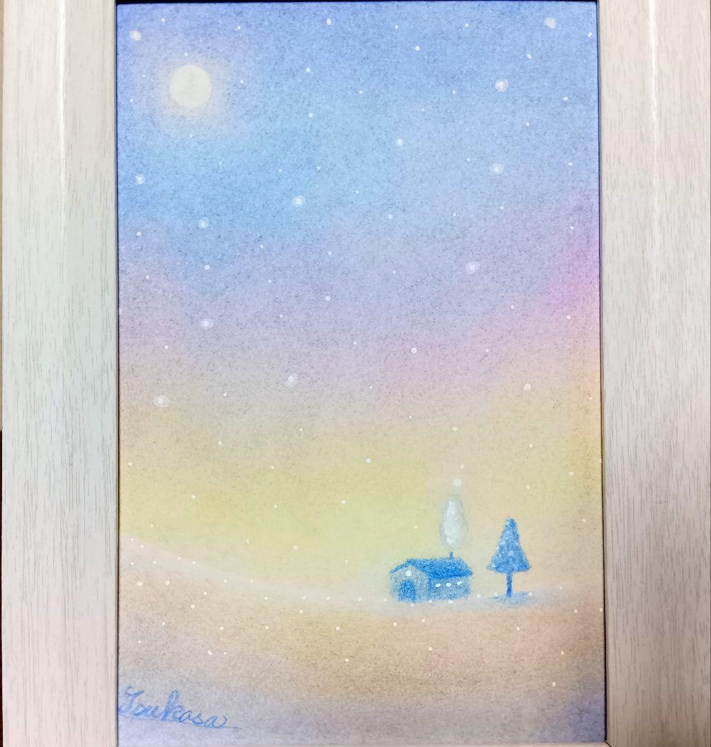 パステルアート ミルク色の冬の朝靄と星の残光 3色アート パステル画