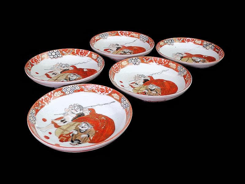 九谷焼　恵比寿大黒の図　橋田画　４寸皿　５枚　C317AS-COg