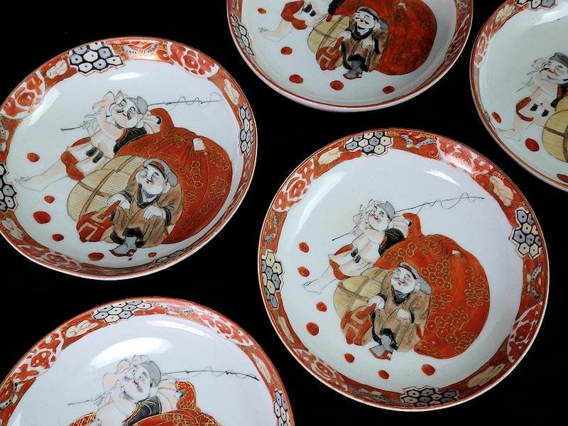 九谷焼　恵比寿大黒の図　橋田画　４寸皿　５枚　C317AS-COg
