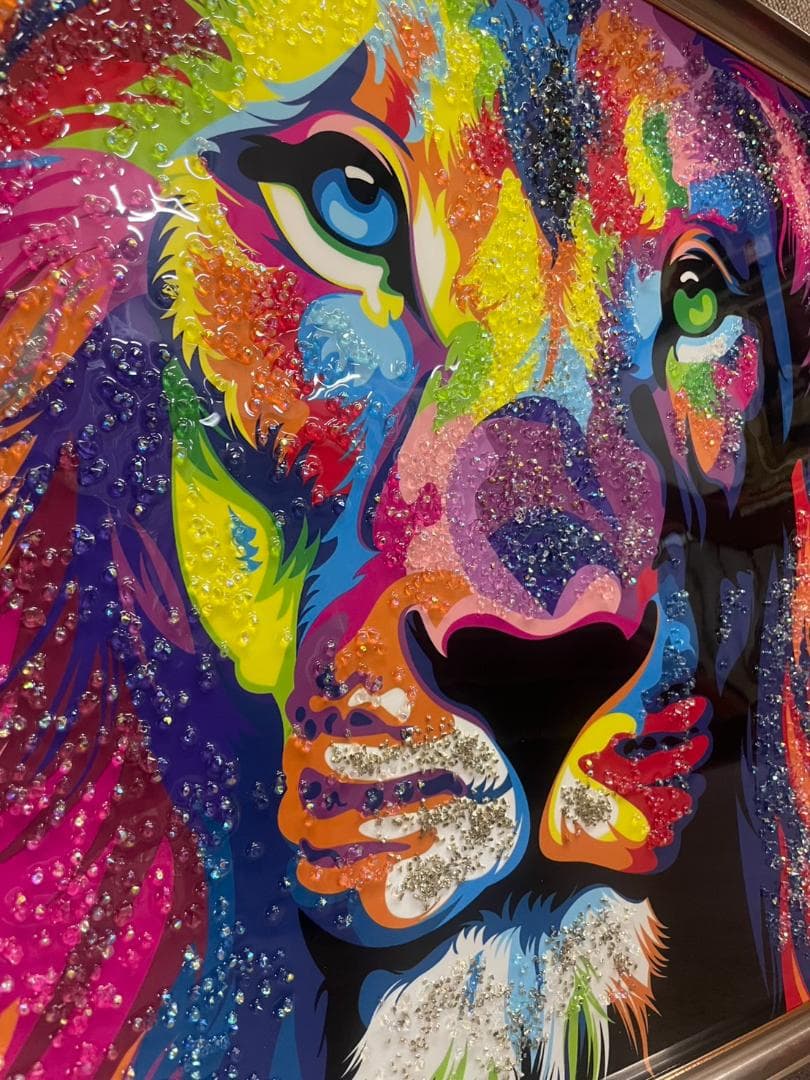 水晶絵　ライオン　幅80　カラフル　アニマル　アートパネル　絵画　ペイント　絵