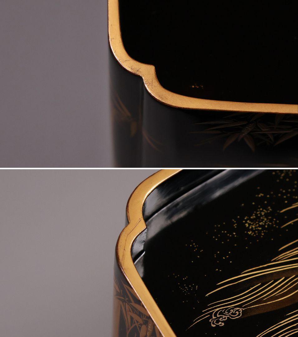 【MA806】時代 加賀蒔絵 日の出鶴 竹 金蒔絵 大盃・盃台 木製漆器 杯