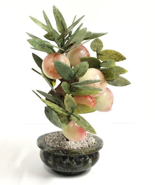 中国古玩 玉石桃彫刻細工盆栽置物 玉桃置物 桃盆栽 20F164