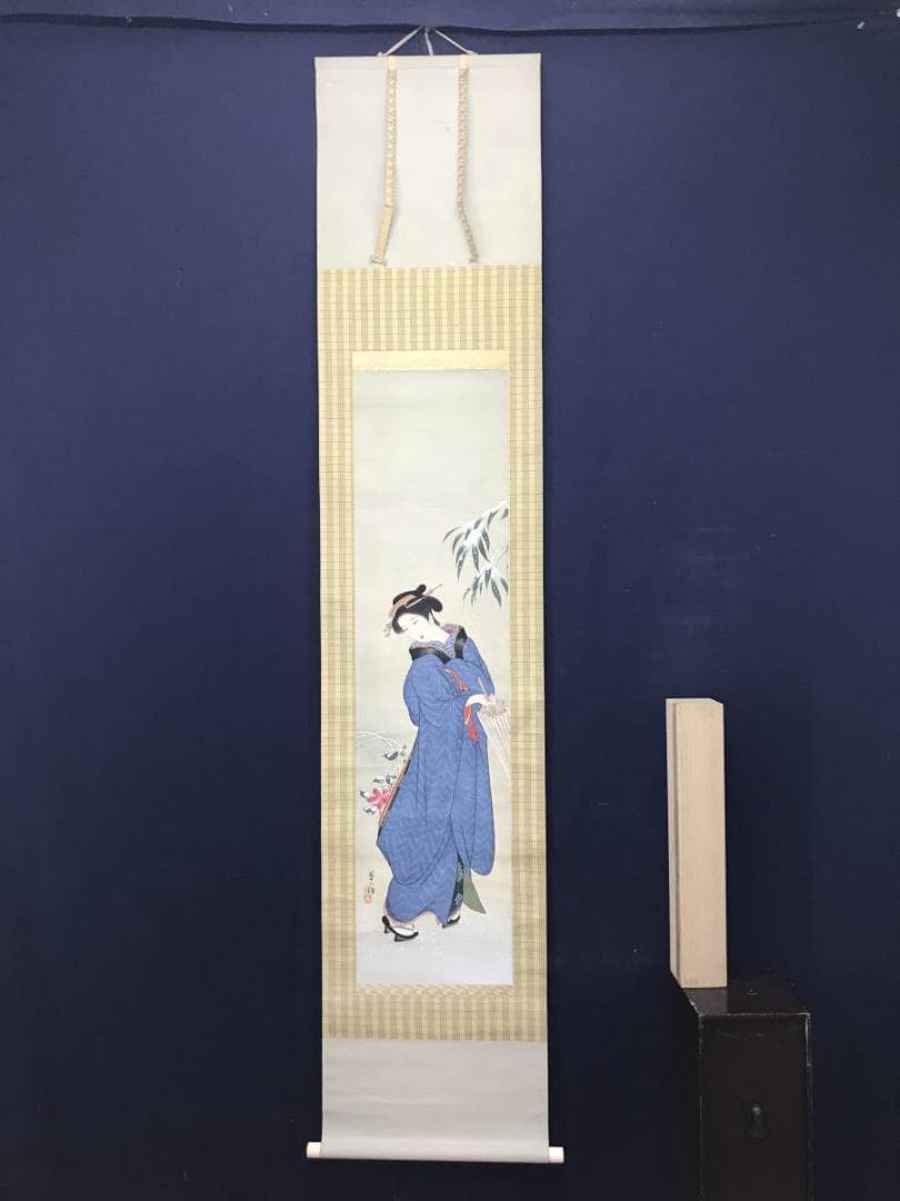 【真作】草人/雪椿美人画/美人図/掛軸/名家伝来/AC-290