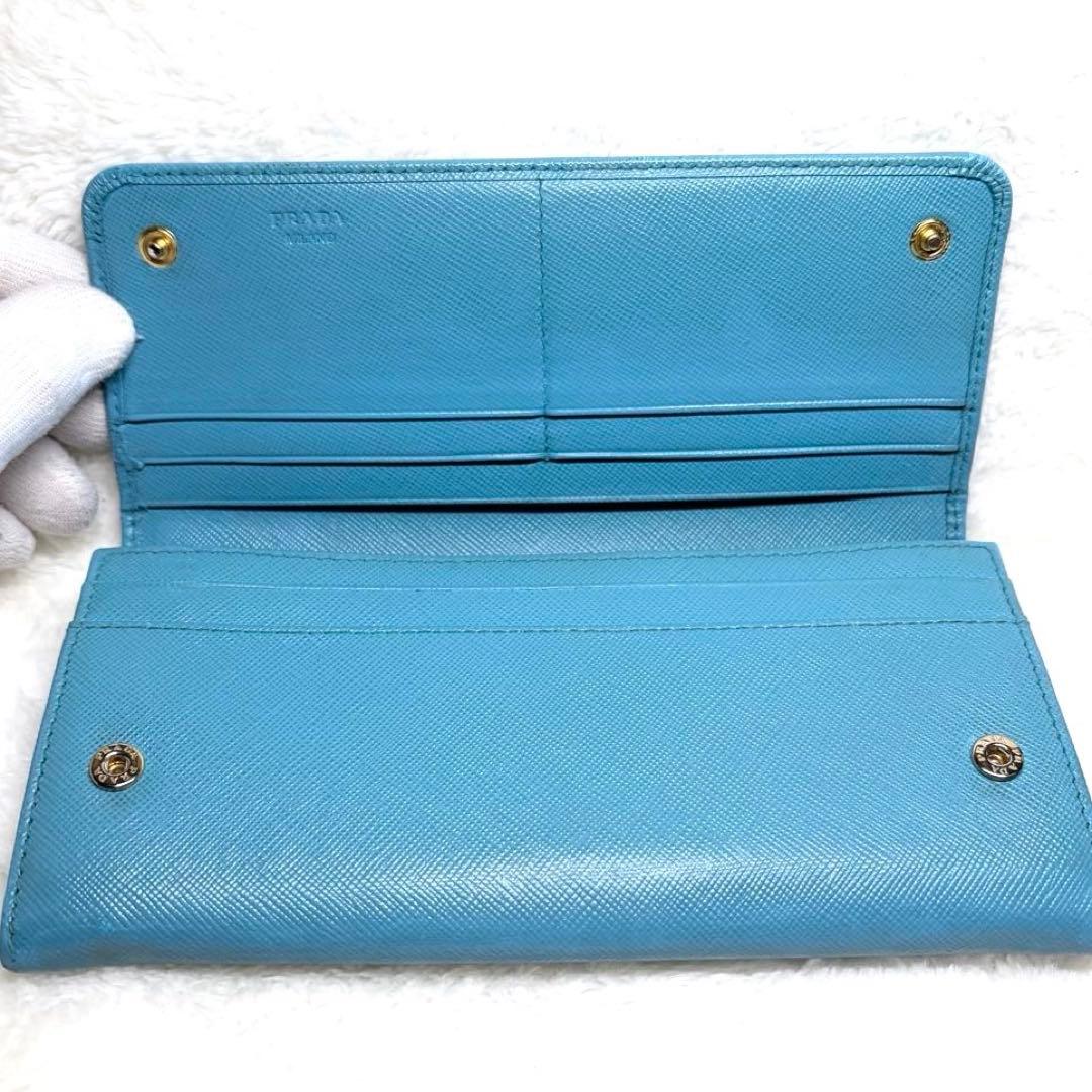 美品 PRADA プラダ サフィアーノレザー 二つ折り 長財布 ターコイズブルー