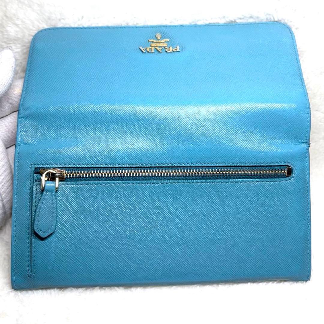 美品 PRADA プラダ サフィアーノレザー 二つ折り 長財布 ターコイズブルー