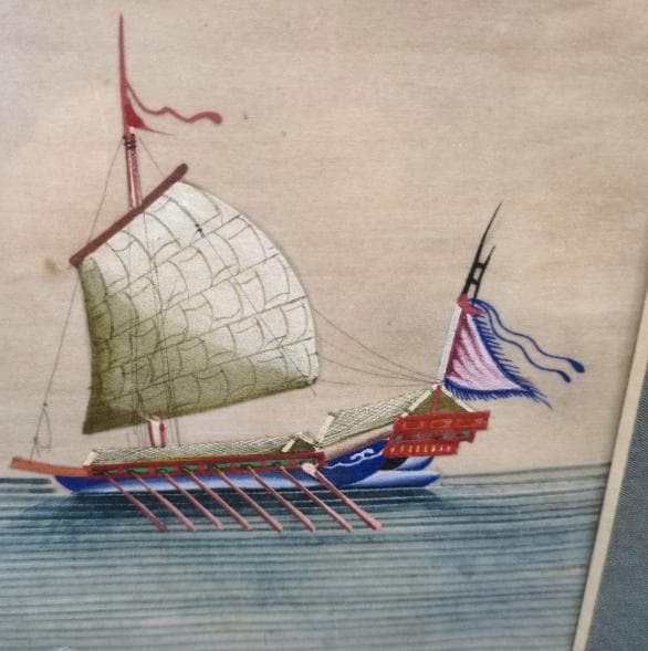 古画、当時の古舟の生活 肉筆水彩画です。日本にはない表現が随所に見