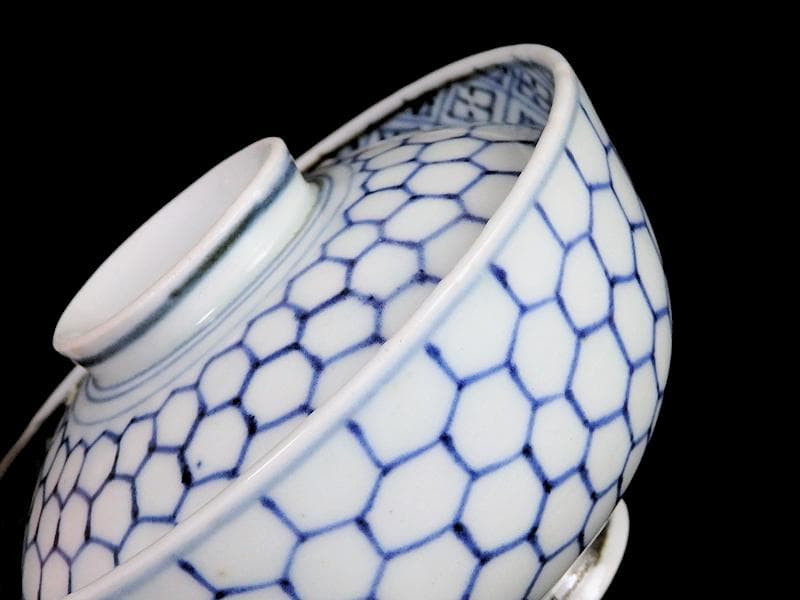 古伊万里 染付 亀甲紋の図 蓋茶碗 江戸期 E212AS-fbip