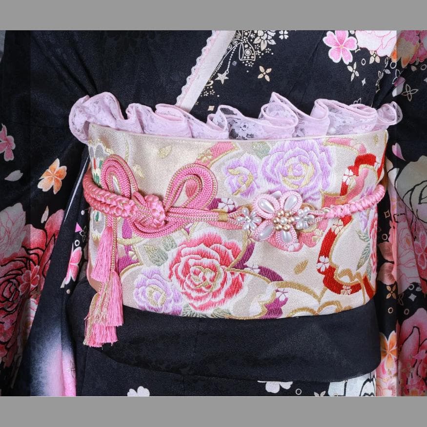 くみこさま専用】振袖セット 美品 ピンク×黒 バラ かわいい