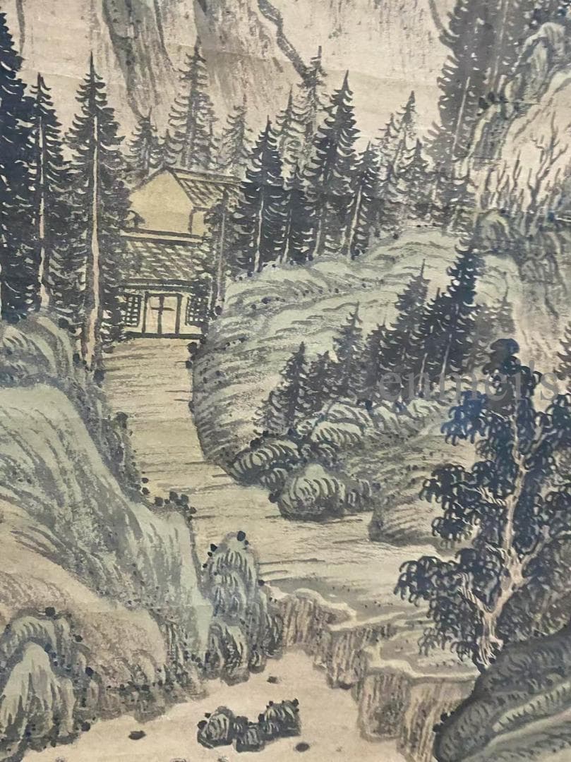 中国古美術 宋代 蘇軾款 山水画 水墨画 金色の縁取り 掛軸 宣紙 唐物 名家