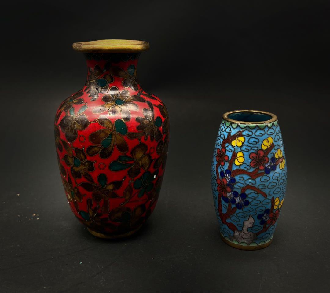 中國美術 古玩 七宝焼 景泰藍 茶葉罐 蓋置 花瓶まとめて 牡丹 梅 蝶々瓢箪