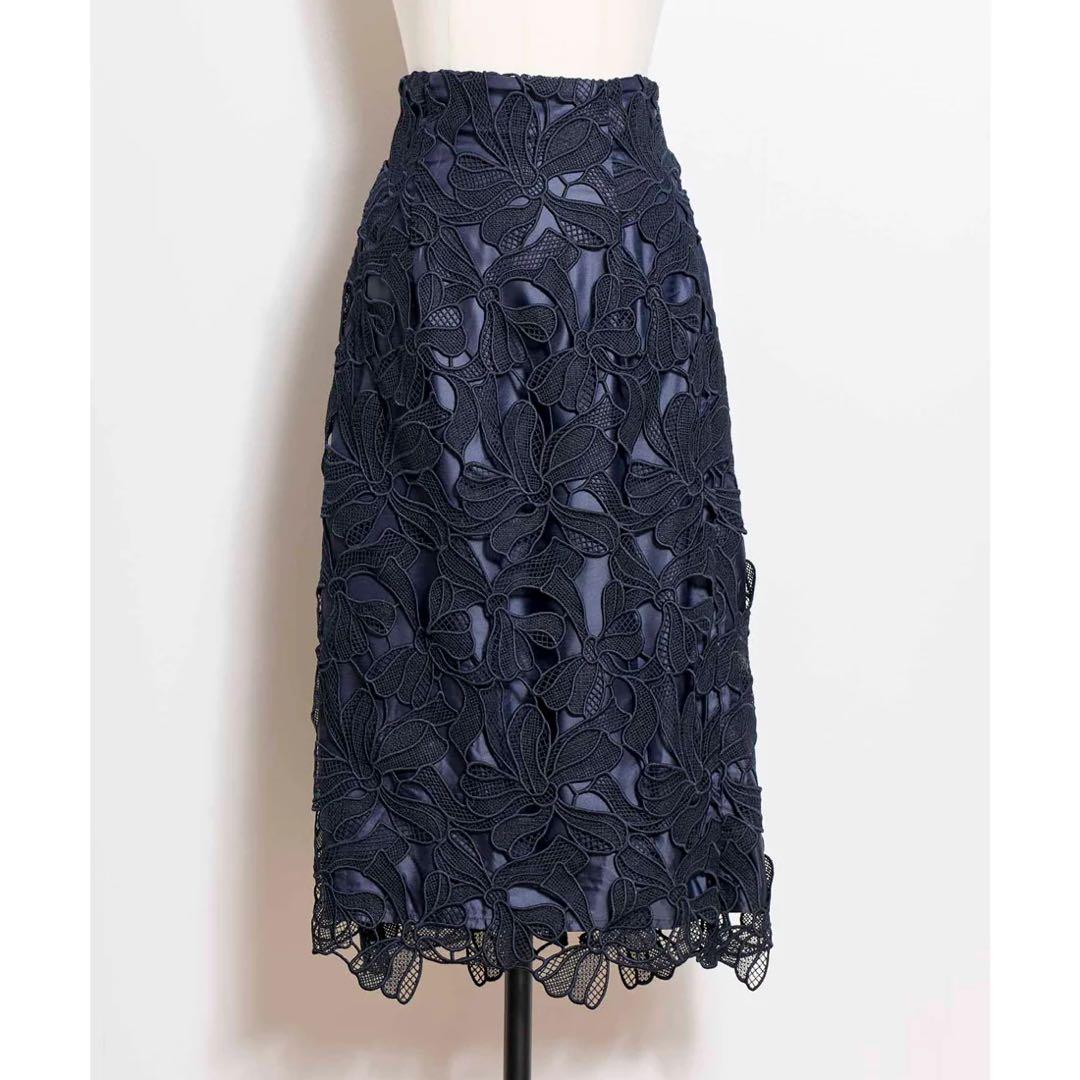 ノエラ　noela リボン　レース　タイト　スカート　通勤　ネイビー　紺