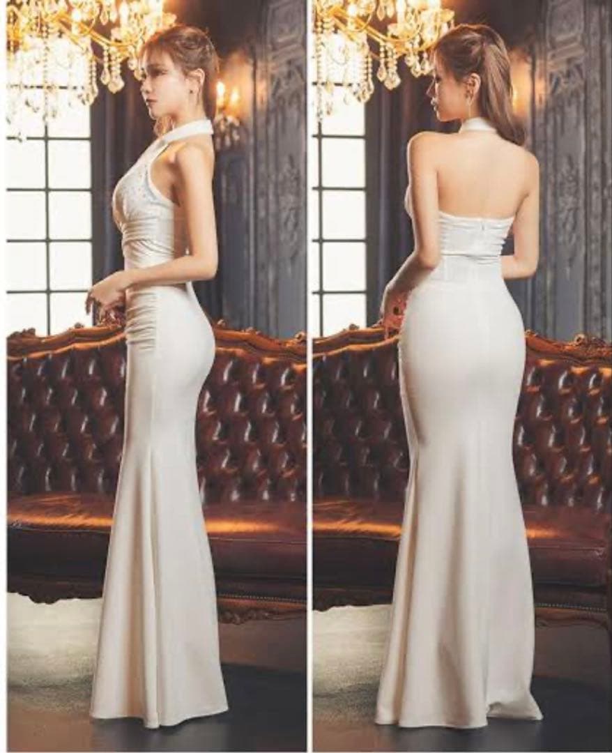 Tikaクロスホルターネックビジューワンカラースリットタイトロングドレス