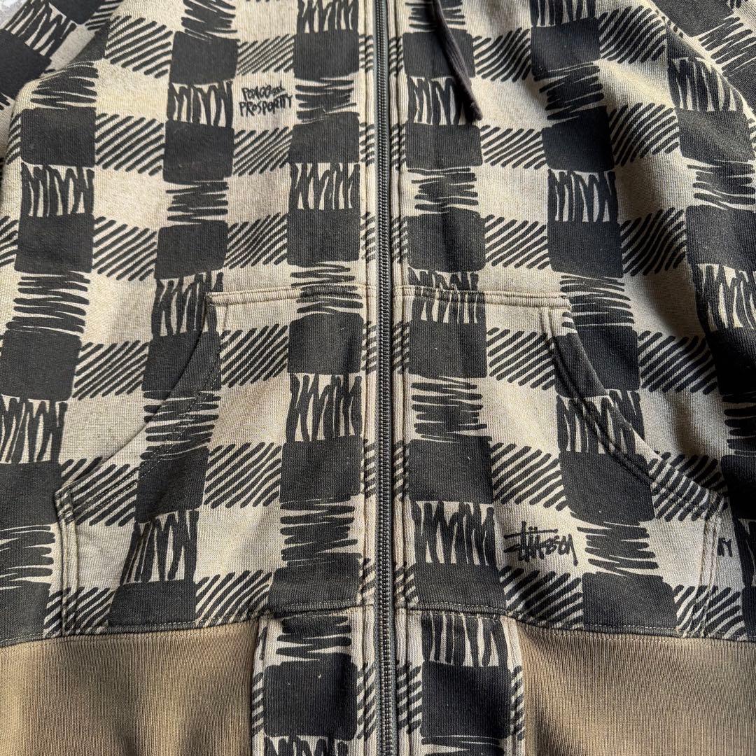 【総柄ジップパーカー】stussyモザイク古着ストリート横ノリユニセックスM.