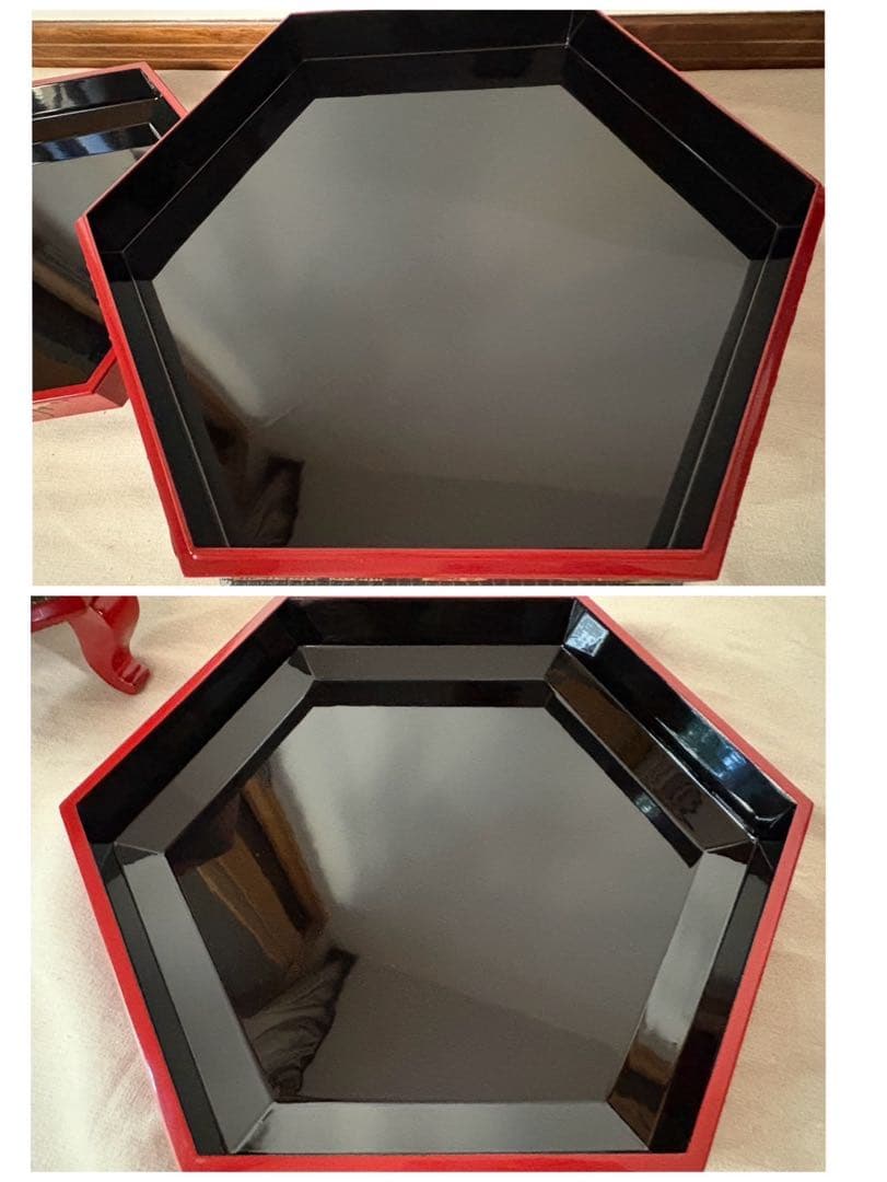 紅房 べんぼう 琉球漆器 朱漆花鳥箔絵六角東道盆 梅 牡丹 鳥 蝶