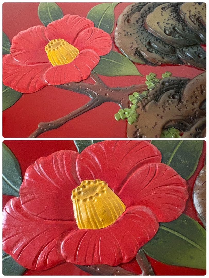 紅房 べんぼう 琉球漆器 朱漆花鳥箔絵六角東道盆 梅 牡丹 鳥 蝶