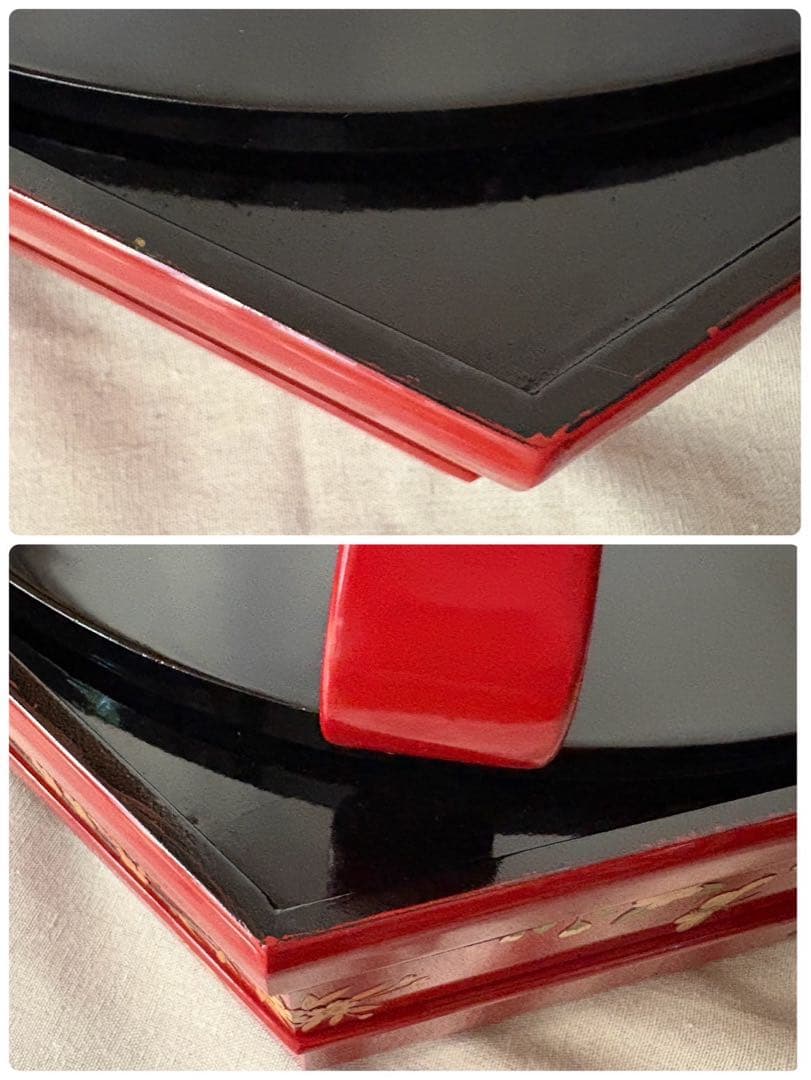 紅房 べんぼう 琉球漆器 朱漆花鳥箔絵六角東道盆 梅 牡丹 鳥 蝶