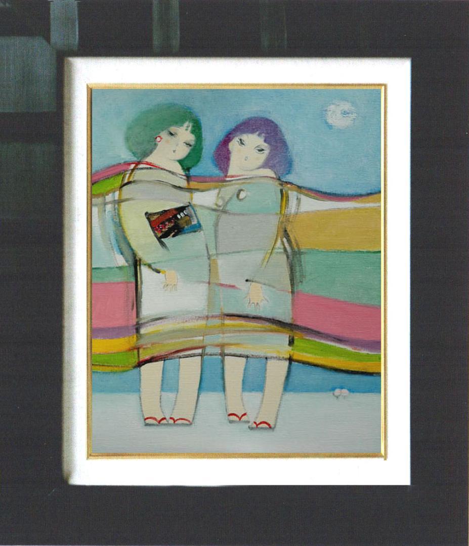 油絵 菅家令子 絵 絵画インテリア額付(黒) F6-083711人物 雪国の子供