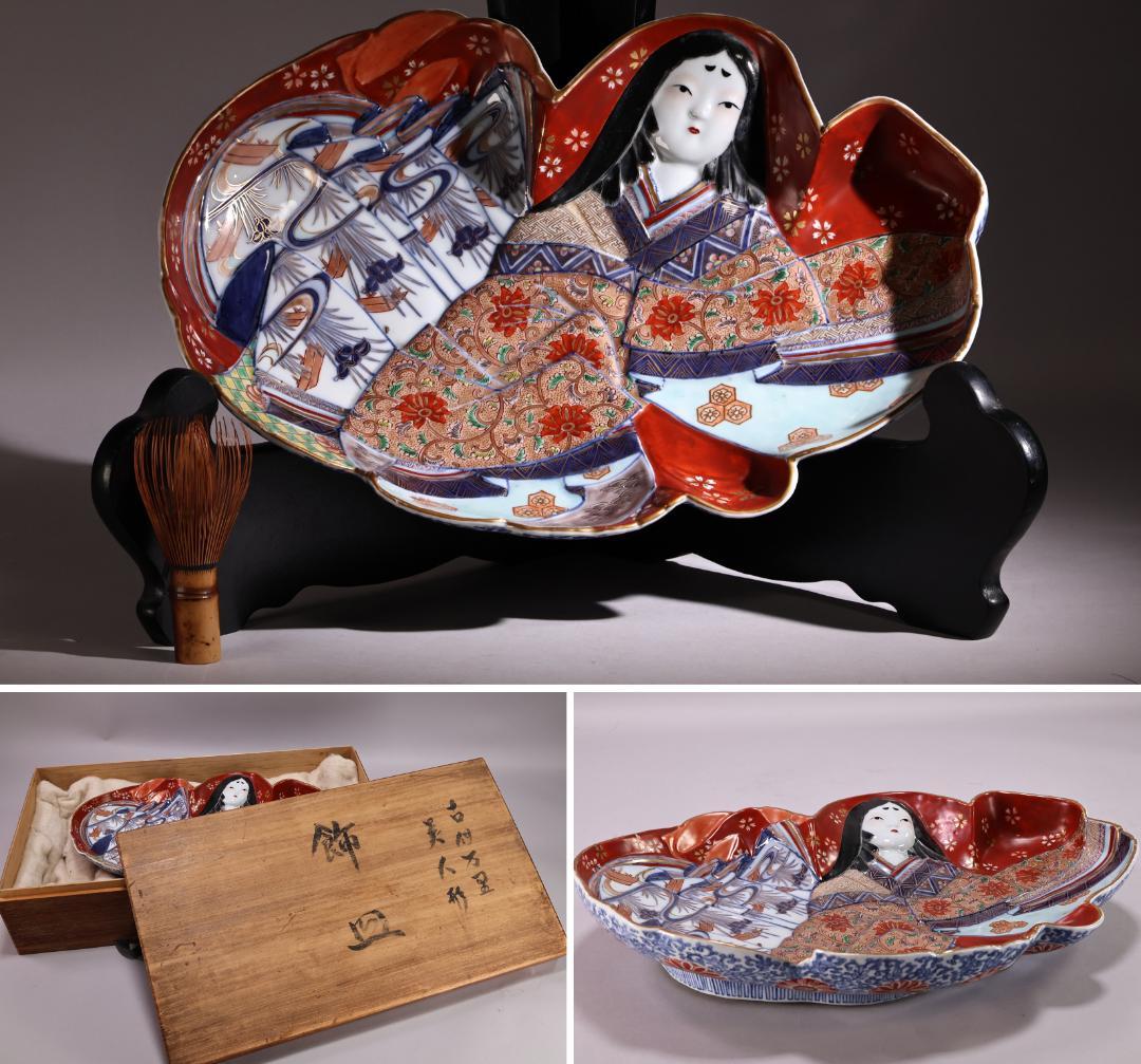 江戸中期　古伊万里　美人形　飾皿　変形皿　色絵金彩　巾40.5㎝ BJ201 江戸中期 古伊万里 美人形 飾皿 変形皿 色絵金彩 巾40.5㎝ BJ201