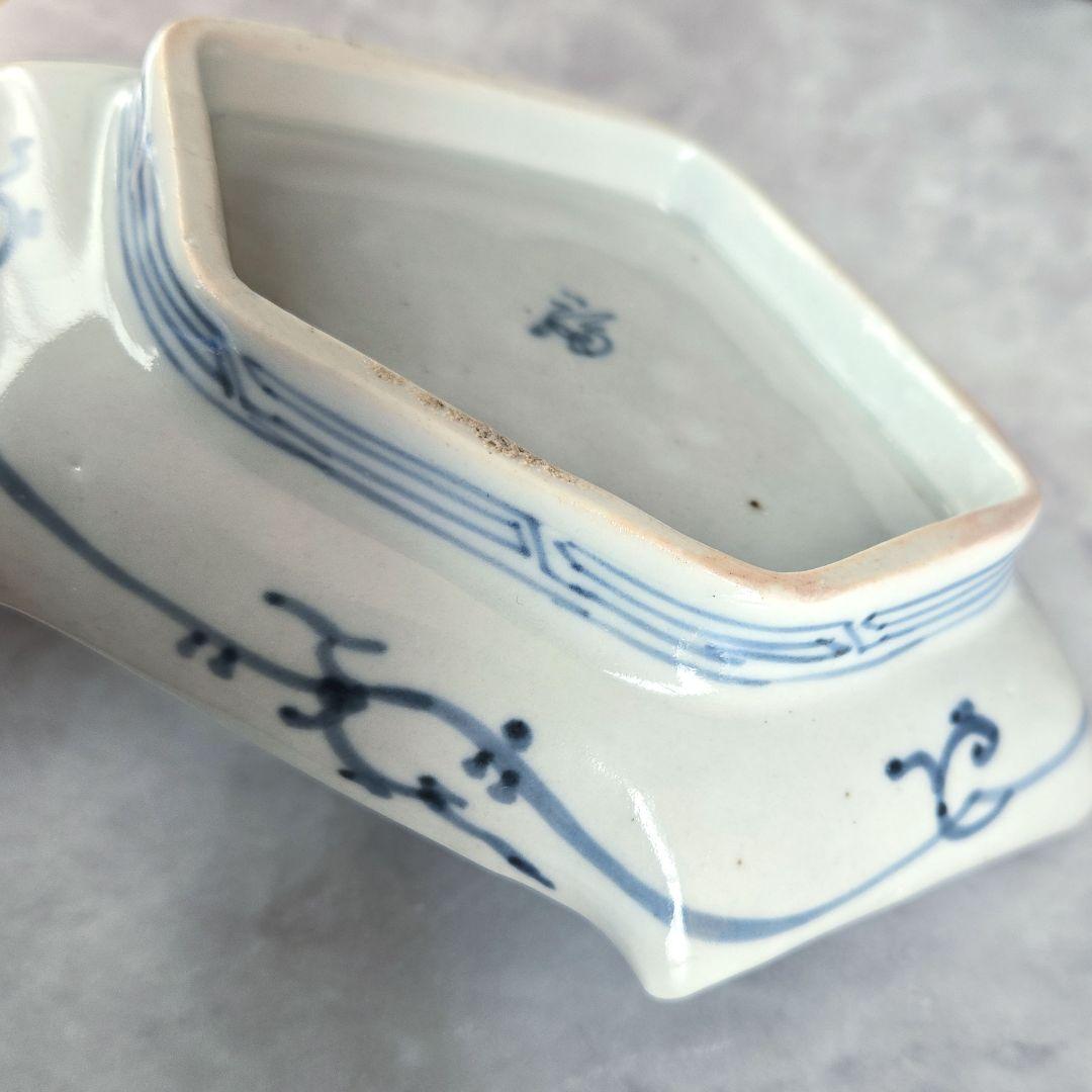 古伊万里 染付 変形皿 型紙摺 印判 龍 骨董 アンティーク 金直し 金継ぎ