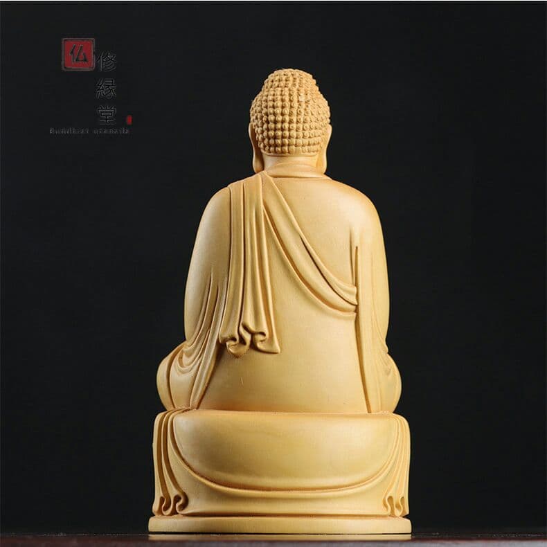 修縁堂】木彫り 仏像 釈迦如来座像 釈迦牟尼仏 彫刻 一刀彫 柘植材