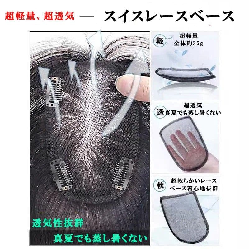 人毛100％ ヘアピース 総手植え 分け目自由 超軽量 蒸れにくい ブラック2点