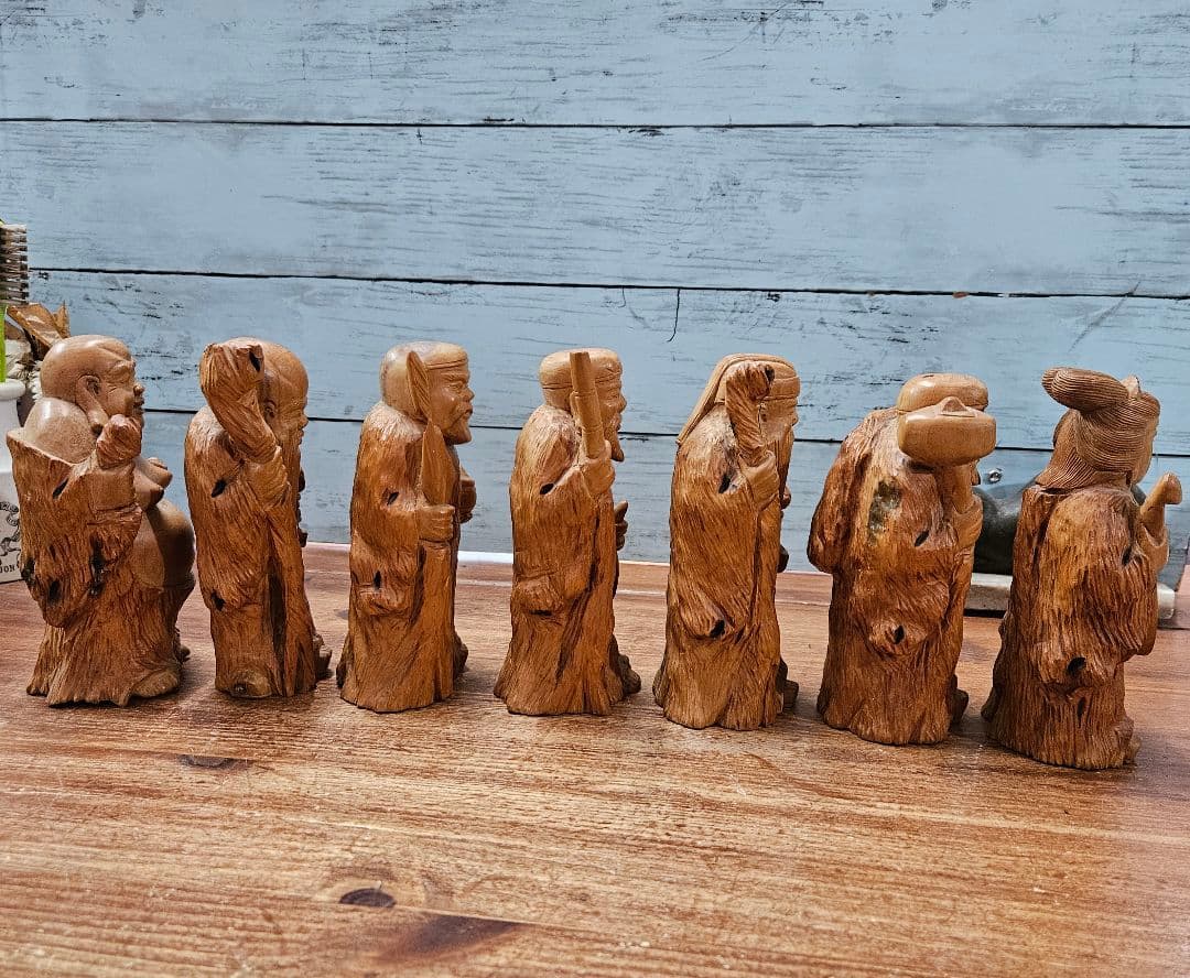 ジャパンアンティーク 無垢の七福神 7体セット 置物 木彫り オブジェ