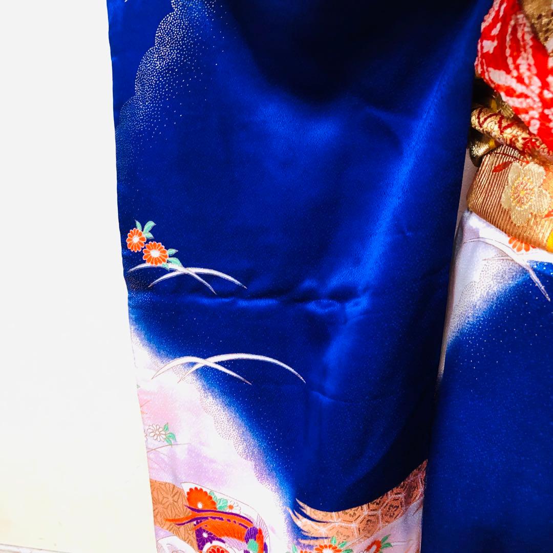 七五三7歳❣️人気Blue暈し古典柄❣️扇熨斗花々金彩煌びやか際立つ完全フルセット❣️