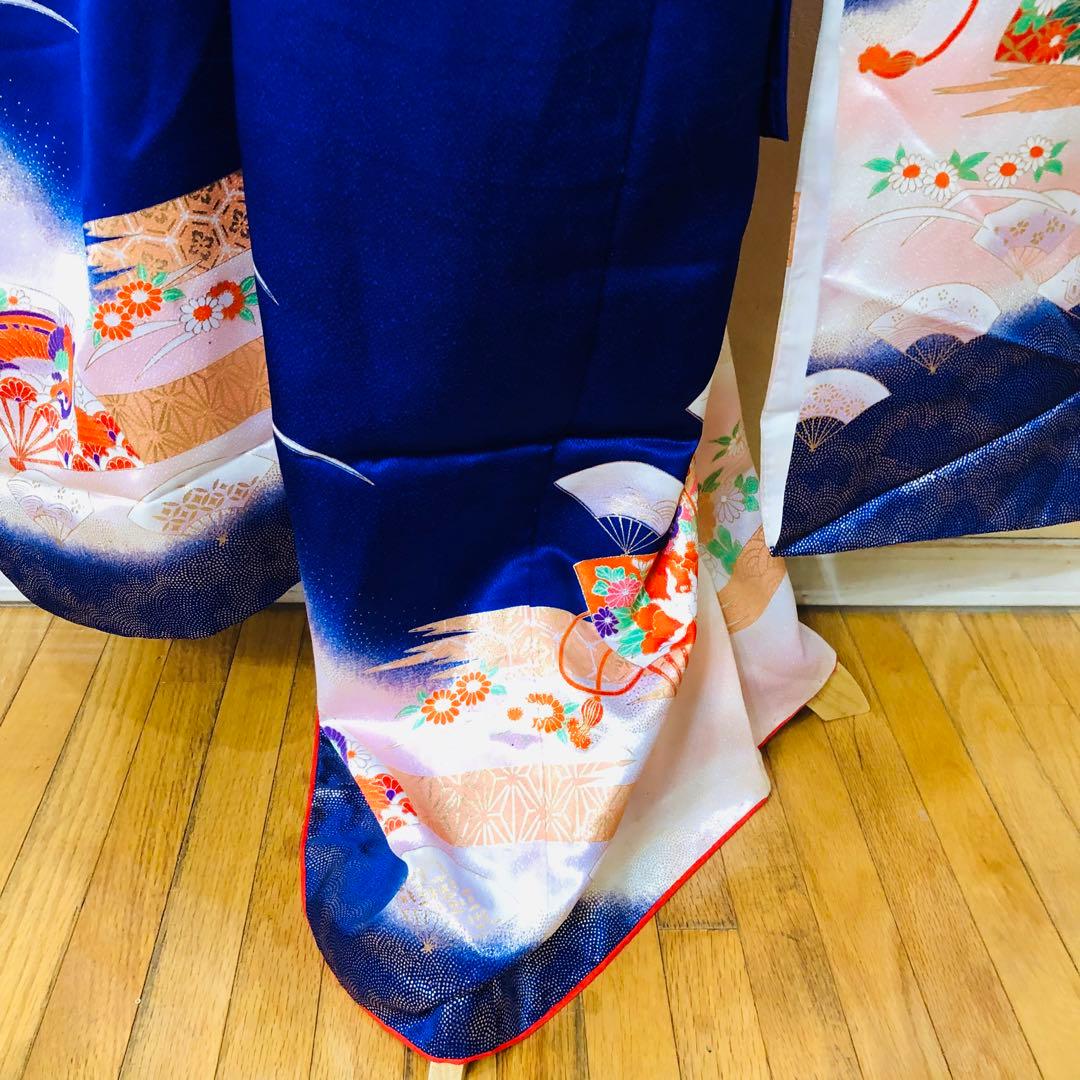 七五三7歳❣️人気Blue暈し古典柄❣️扇熨斗花々金彩煌びやか際立つ完全フルセット❣️