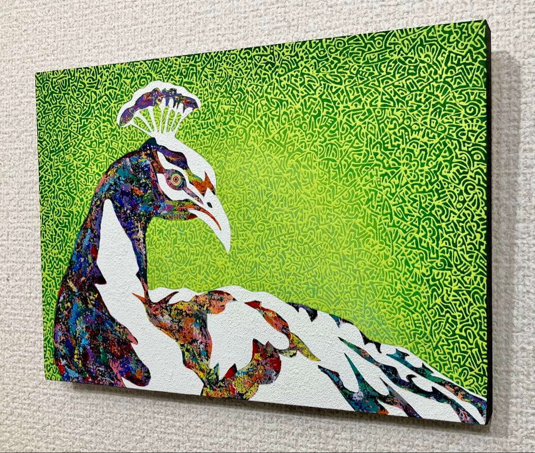 原画 孔雀 動物画 絵画 アクリル画 現代アート 細密画 手描き 一点物